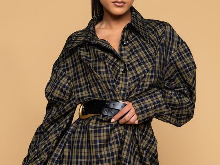 WISH YOU WERE HERE PLAID T SHIRT DRESS WITH OVERSIZED BELT For Sale